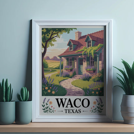 Framed print of a quaint cottage with "Waco Texas" text.
