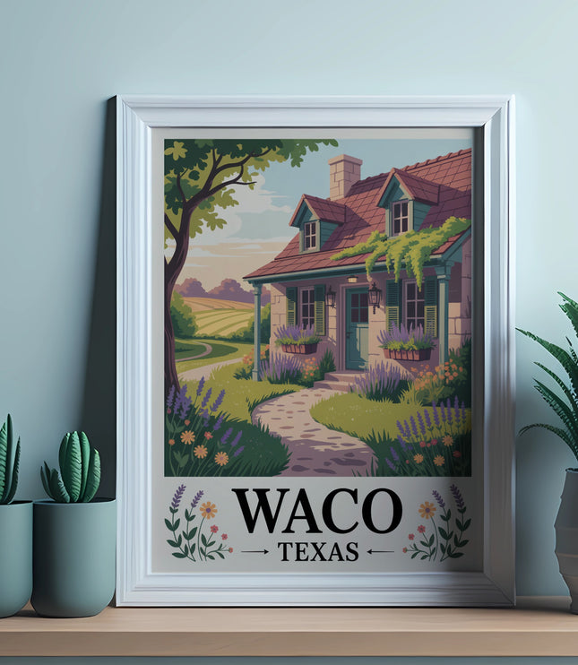 Framed print of a quaint cottage with "Waco Texas" text.