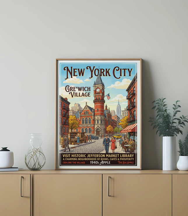 Vintage New York City poster for Greenwich Village showing Jefferson Market Library and 1940s street scene.