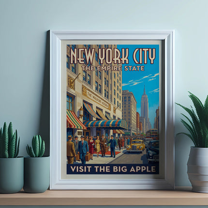 New York City the Empire State travel poster with buildings and people.