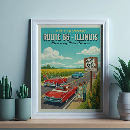 Vintage poster of Route 66 in Illinois with classic cars and desert landscape.