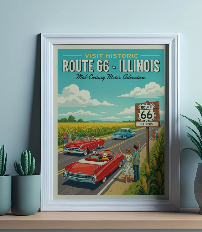 Vintage poster of Route 66 in Illinois with classic cars and desert landscape.