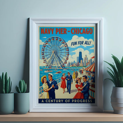 Navy Pier Chicago poster with ferris wheel, people, and buildings.