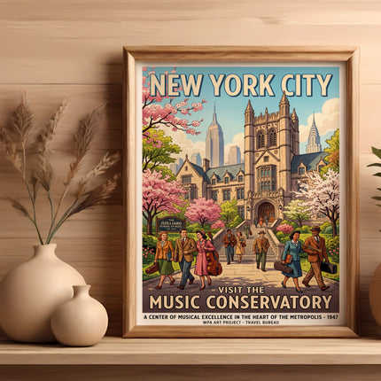 New York City Music Conservatory vintage travel poster with people walking.