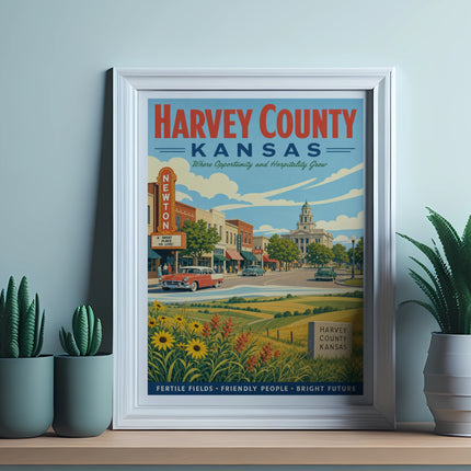 Harvey County, Kansas, vintage travel poster with "Newton" and "A Great Place to Live" text.