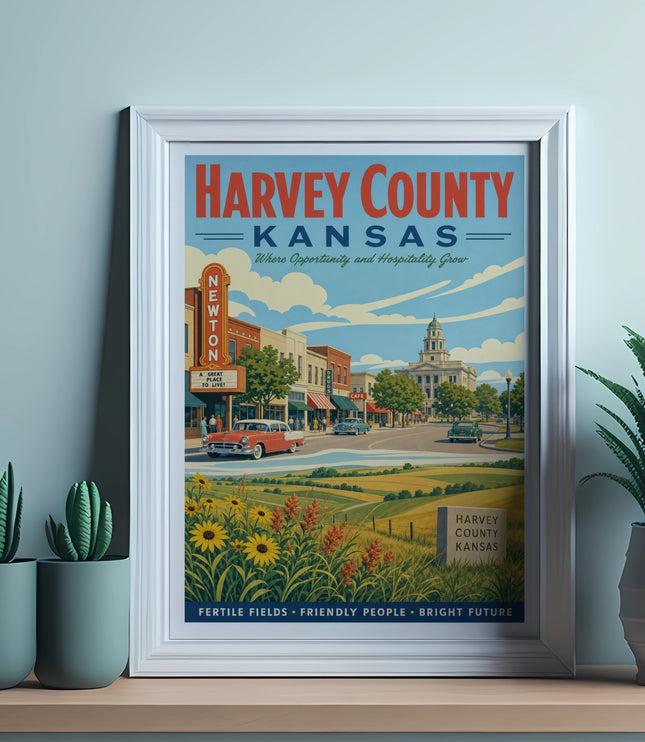 Harvey County, Kansas, vintage travel poster with "Newton" and "A Great Place to Live" text.