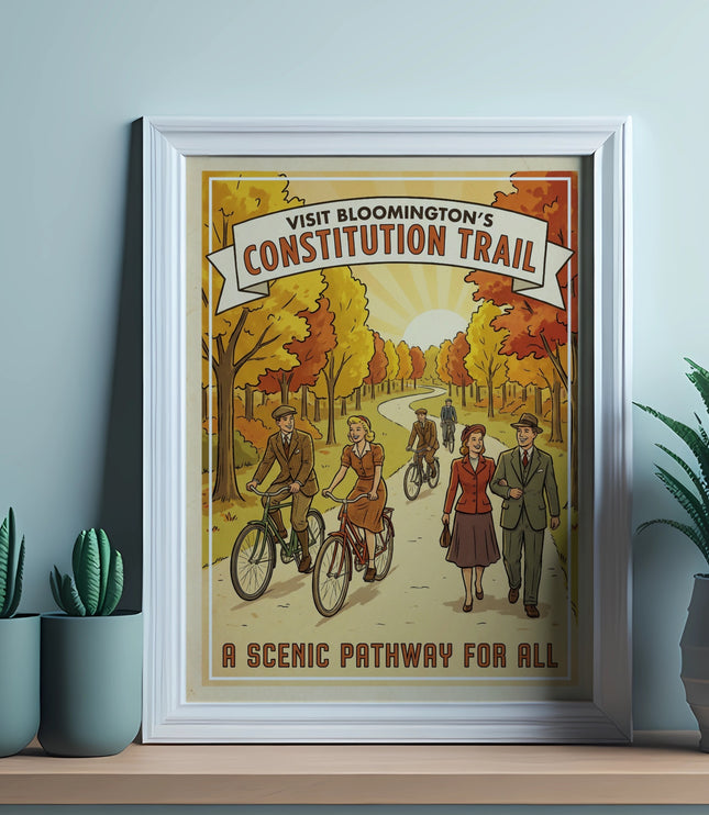 Vintage poster for Bloomington's Constitution Trail, showing people cycling on a scenic autumn pathway.