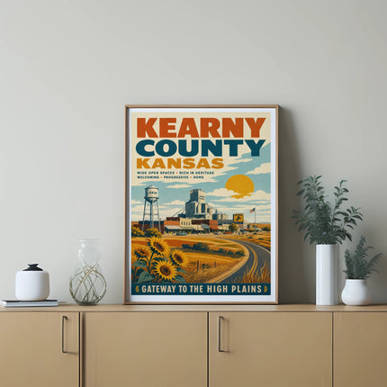 Kearny County, Kansas poster with Lakin water tower, sunflowers, and text.