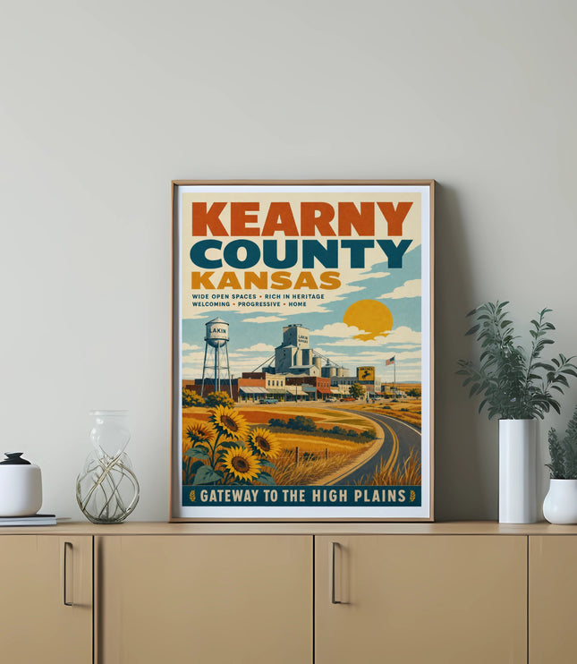 Kearny County, Kansas poster with Lakin water tower, sunflowers, and text.