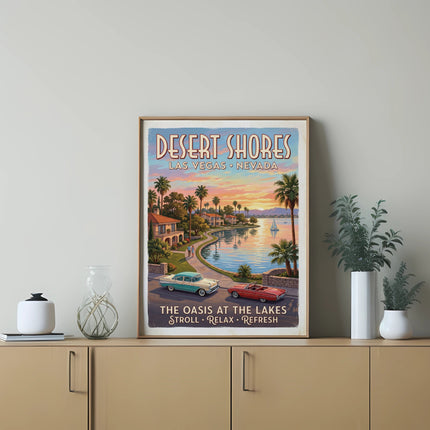 Desert Shores Las Vegas Nevada poster with vintage cars and lake scene.