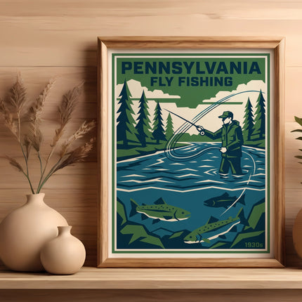 Vintage Pennsylvania fly fishing poster with angler and fish.