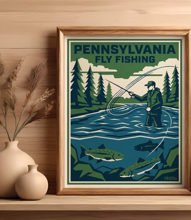 Vintage Pennsylvania fly fishing poster with angler and fish.