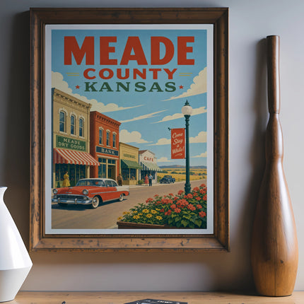 Vintage Meade County, Kansas travel poster featuring a classic car and storefronts.