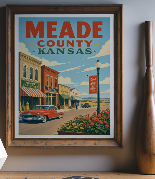 Vintage Meade County, Kansas travel poster featuring a classic car and storefronts.