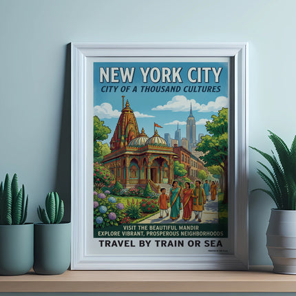 New York City poster with "City of a Thousand Cultures" and a mandir illustration.