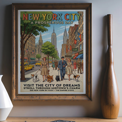 Vintage New York City poster with people strolling past shops and Empire State Building.