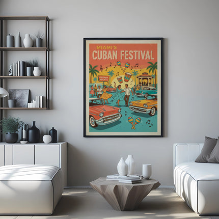 Poster for Miami's Cuban Festival with vintage cars and music.