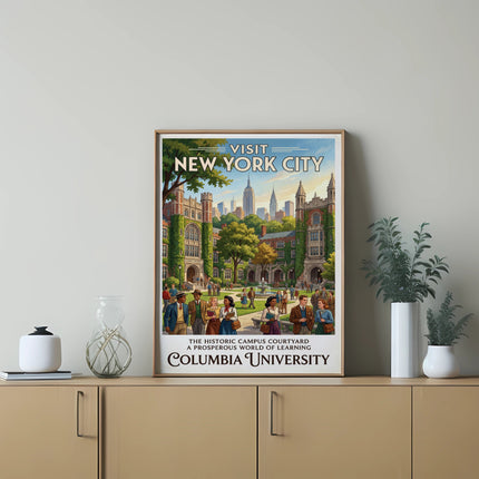 Vintage poster for Columbia University's historic campus courtyard in New York City.