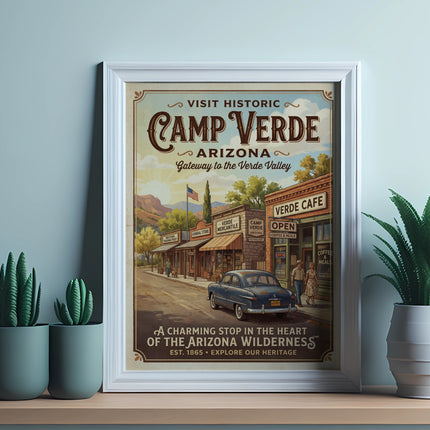 Vintage poster for Camp Verde, Arizona, showing a street scene with shops and a classic car.