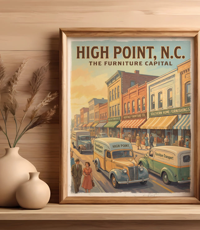 Vintage poster showing HIGH POINT, N.C., The Furniture Capital street scene.