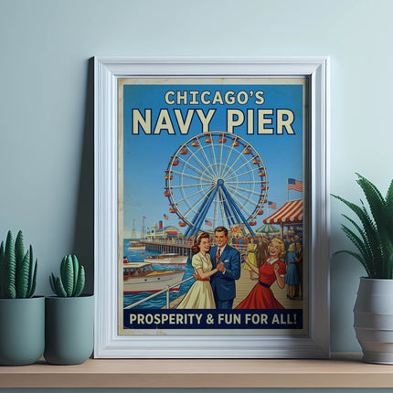 Vintage poster of Chicago's Navy Pier with Ferris wheel, ships, and couple.