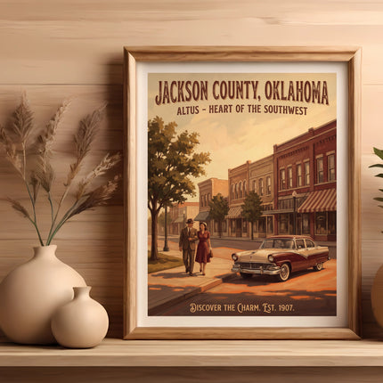 Jackson County, Oklahoma poster with couple and vintage car.