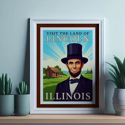 Framed print of Abraham Lincoln with "Visit the Land of Lincoln, Illinois" text.