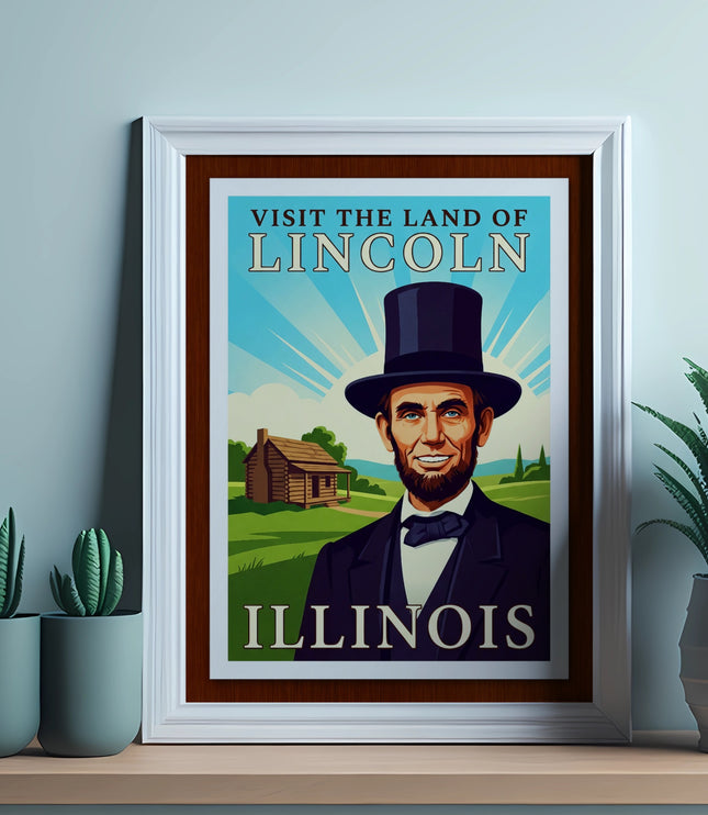 Framed print of Abraham Lincoln with "Visit the Land of Lincoln, Illinois" text.
