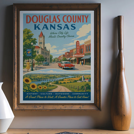 Douglas County Kansas travel poster with vintage cars and scenic landscape.