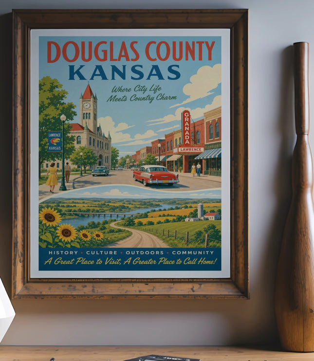 Douglas County Kansas travel poster with vintage cars and scenic landscape.