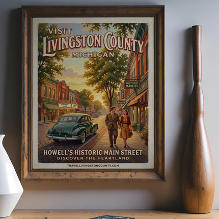 Vintage travel poster for Livingston County, Michigan showing Howell's Historic Main Street.