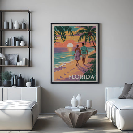 Couple walking on a Florida beach at sunset, palm trees.