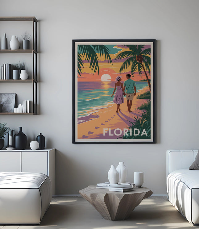 Couple walking on a Florida beach at sunset, palm trees.