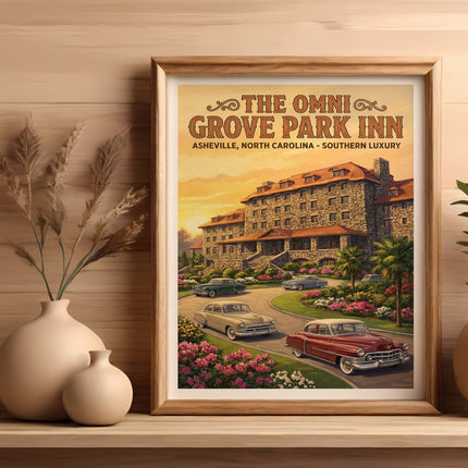 Vintage travel poster of Omni Grove Park Inn in Asheville, North Carolina.