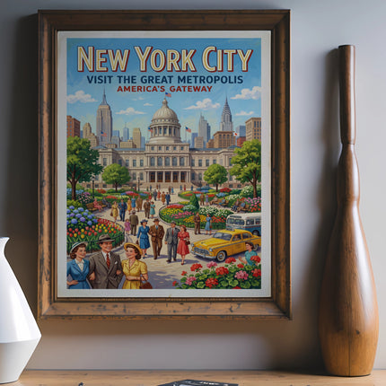 Vintage travel poster depicting the U.S. Capitol Building and people enjoying a park.