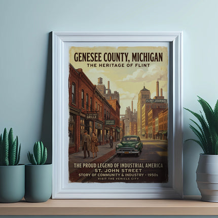 Genesee County, Michigan industrial heritage poster depicting St. John Street in Flint.