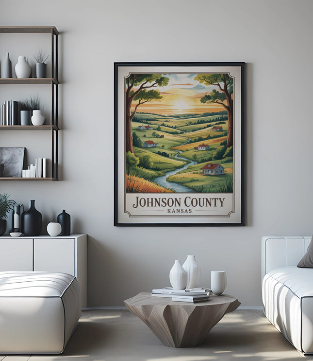 Framed "Johnson County Kansas" landscape art print with rolling hills and houses.