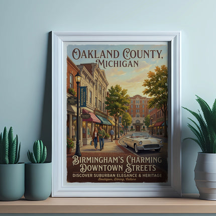 Vintage poster of Oakland County, Michigan, featuring Birmingham's charming downtown streets.