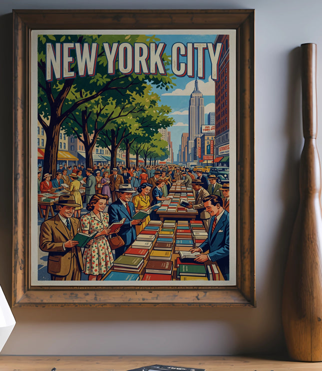 Framed vintage New York City poster depicting a street market with people browsing books.