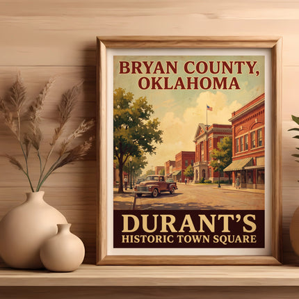 Vintage poster of Durant's Historic Town Square, Bryan County, Oklahoma.
