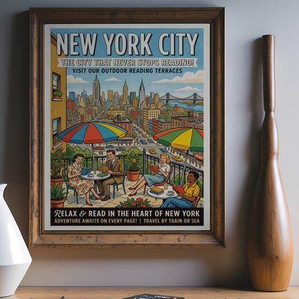 New York City vintage travel poster featuring city skyline, reading terraces, and colorful umbrellas.