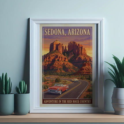 Sedona, Arizona vintage poster of red rock formations and classic cars on a winding road.