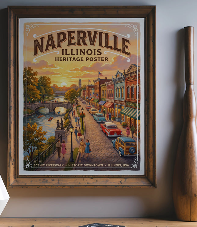 Naperville Illinois heritage poster showing a historic downtown street and riverwalk scene.