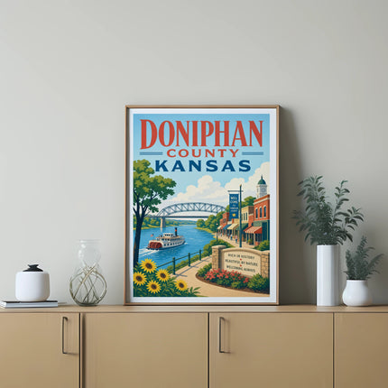 Doniphan County Kansas poster featuring a riverboat, sunflowers, and welcome text.