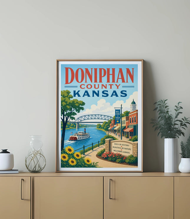 Doniphan County Kansas poster featuring a riverboat, sunflowers, and welcome text.