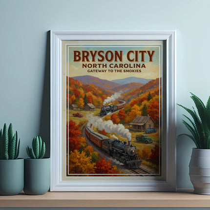 Bryson City, North Carolina poster featuring trains and autumn foliage in the Smokies.