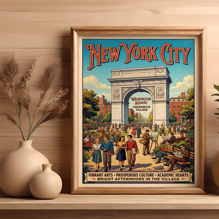 New York City poster featuring Washington Square Arch and vibrant Greenwich Village scene.