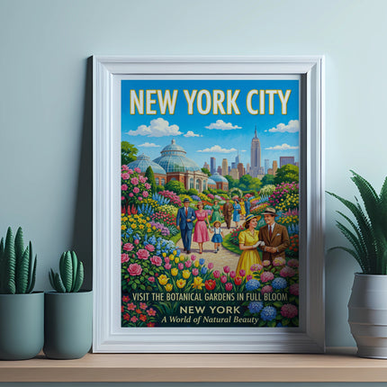 New York City poster of botanical gardens with family walking through flowers.