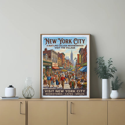 New York City Village scene with shops and text "Visit New York City".