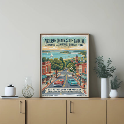 Anderson County, SC poster with lake, downtown, and cars.
